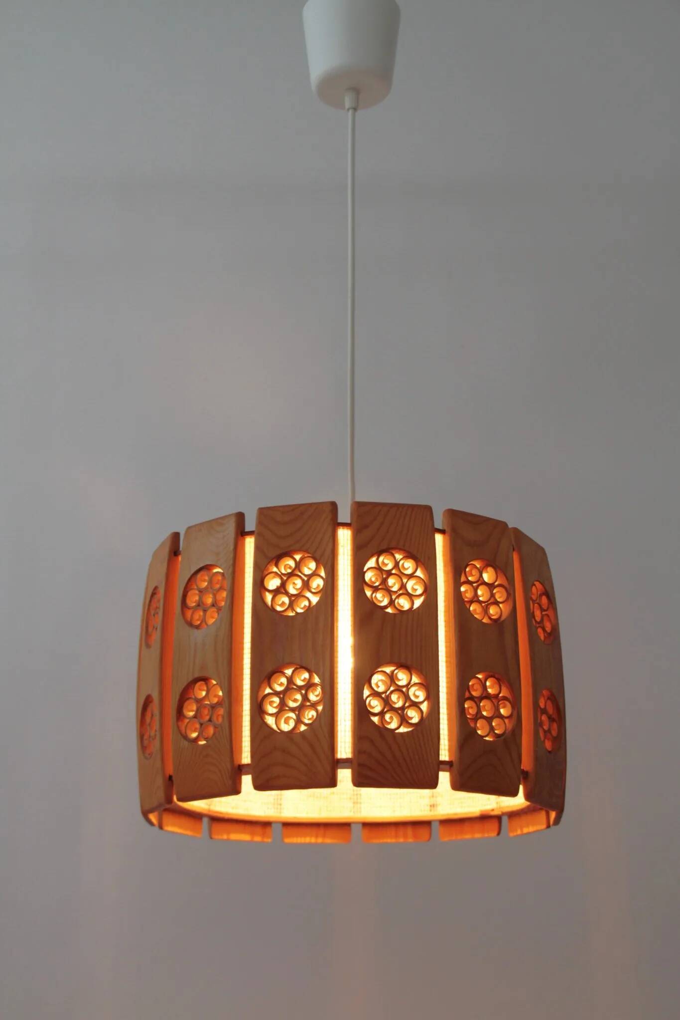 Pine Pendant Lamp with Rolled Wood Curl Rosettes – Sweden, 1970s