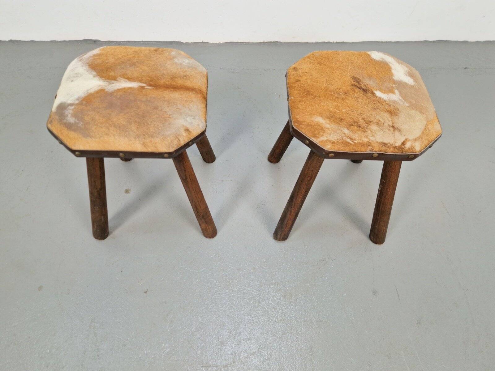 Vintage Milk Stools with Cowhide, 1950s, Set of 2