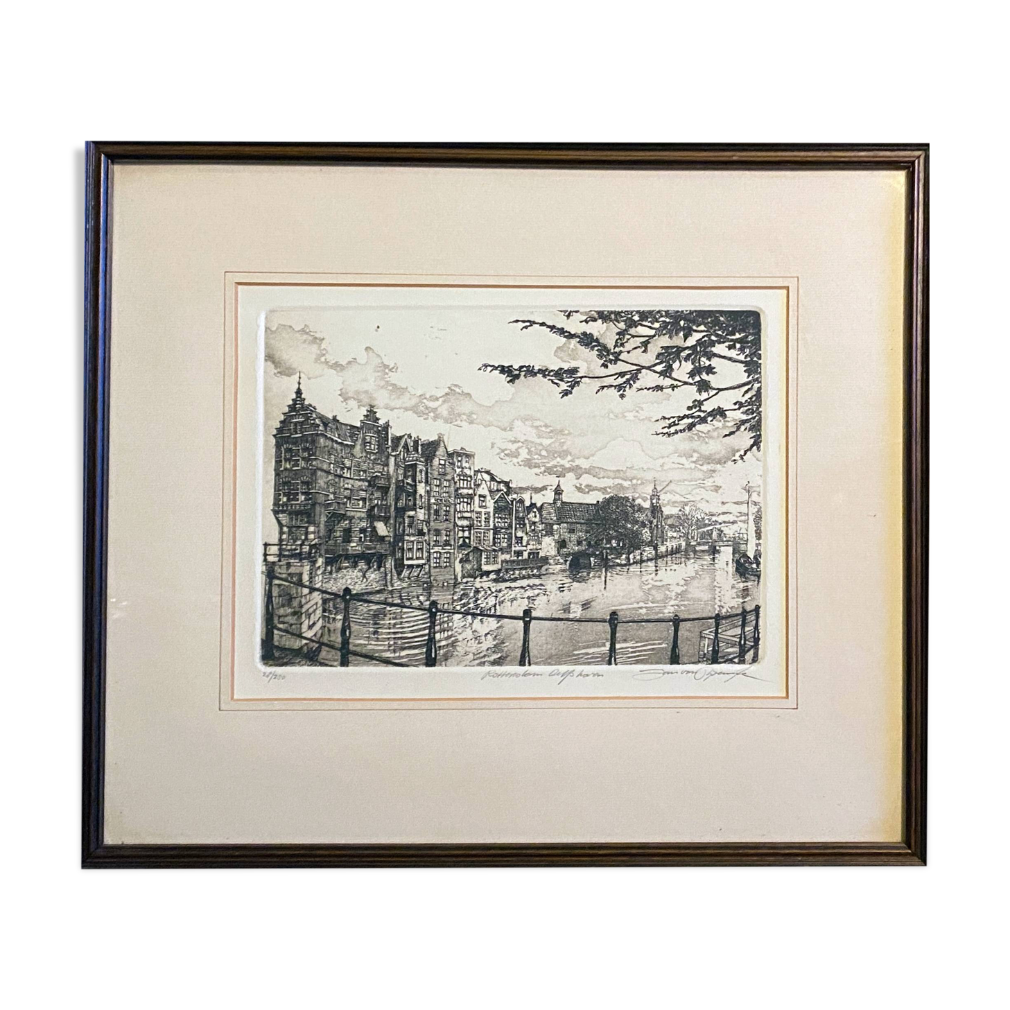Engraving Rotterdam Delfshaven canal signed 28/250 + frame