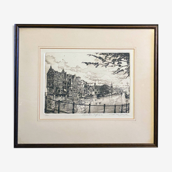 Engraving Rotterdam Delfshaven canal signed 28/250 + frame