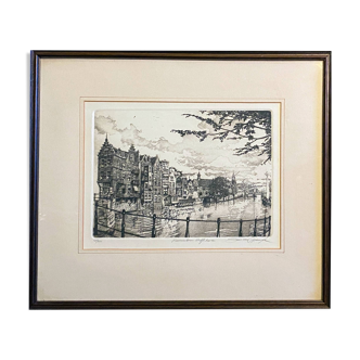 Engraving Rotterdam Delfshaven canal signed 28/250 + frame