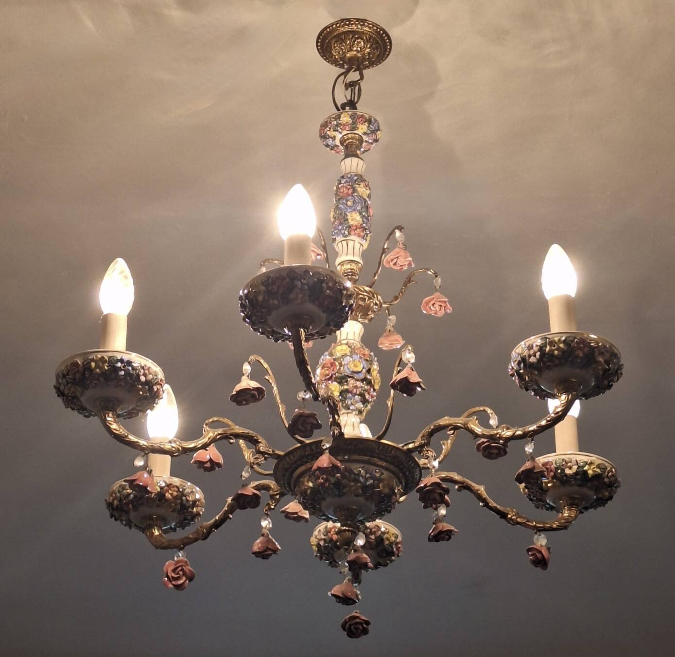 Lustre vintage Boho en laiton doré à 6 bras