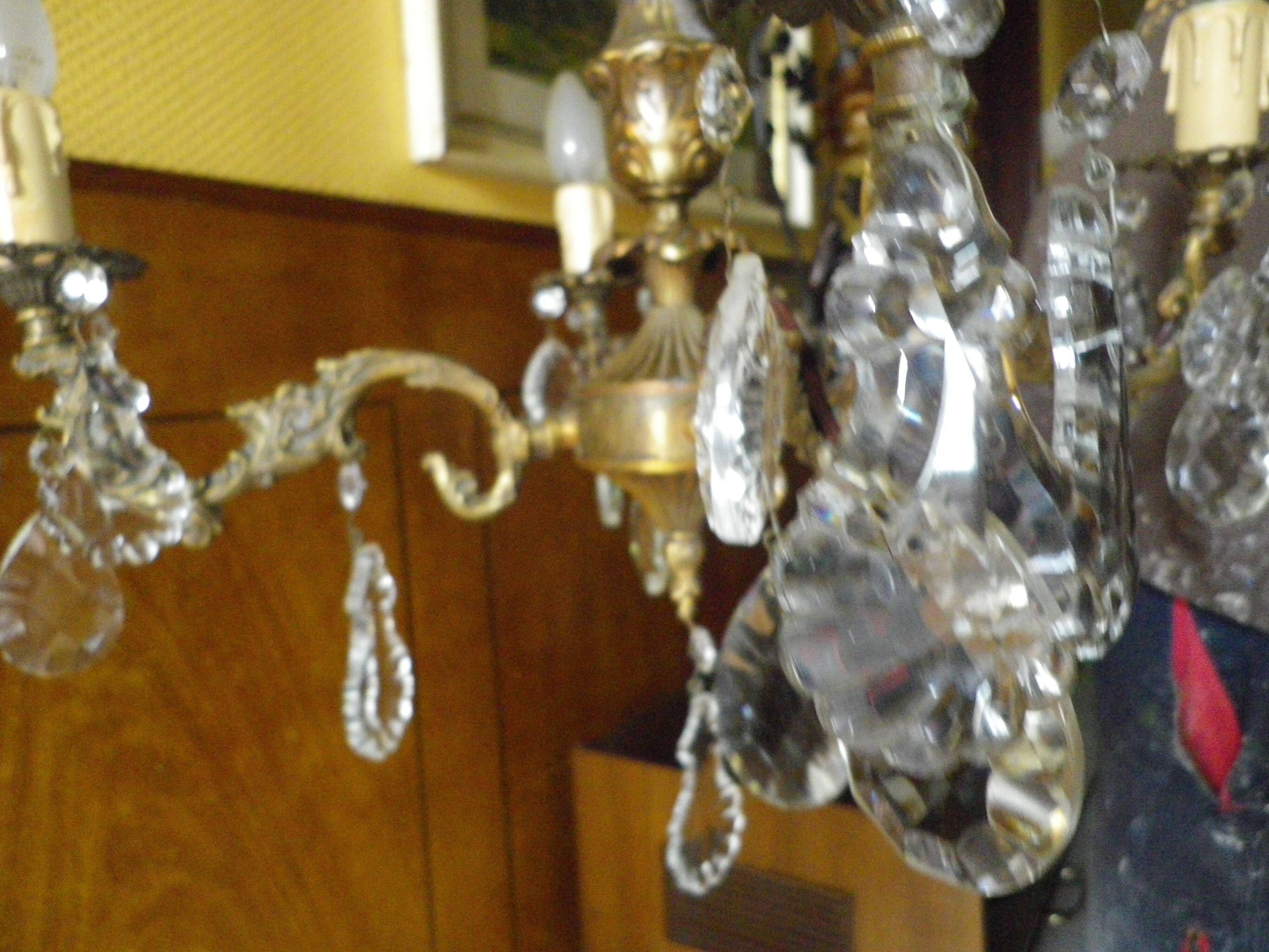 Rococo chandelier with crystal pendants, 4 lights, brass and metal 1950/1960