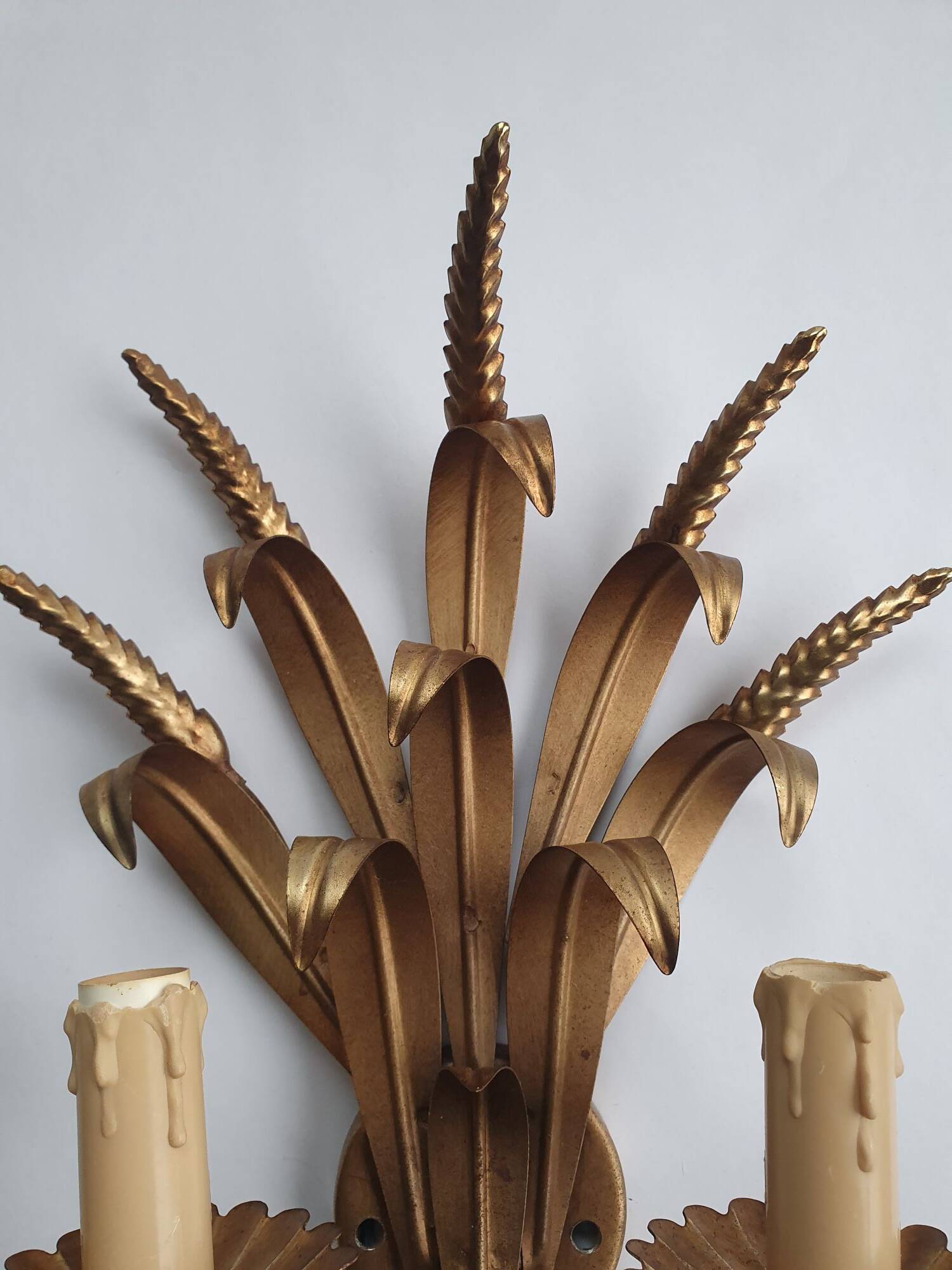 Pair of antique gold wall sconces with wheat ear motif