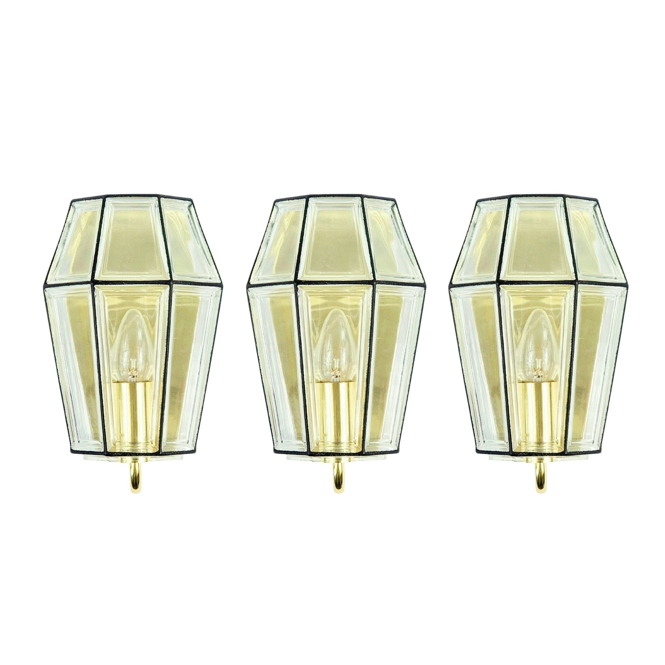 1 of 3 Mid-Century Glass & Brass Wall Lamps from Limburg, Germany, 1960s