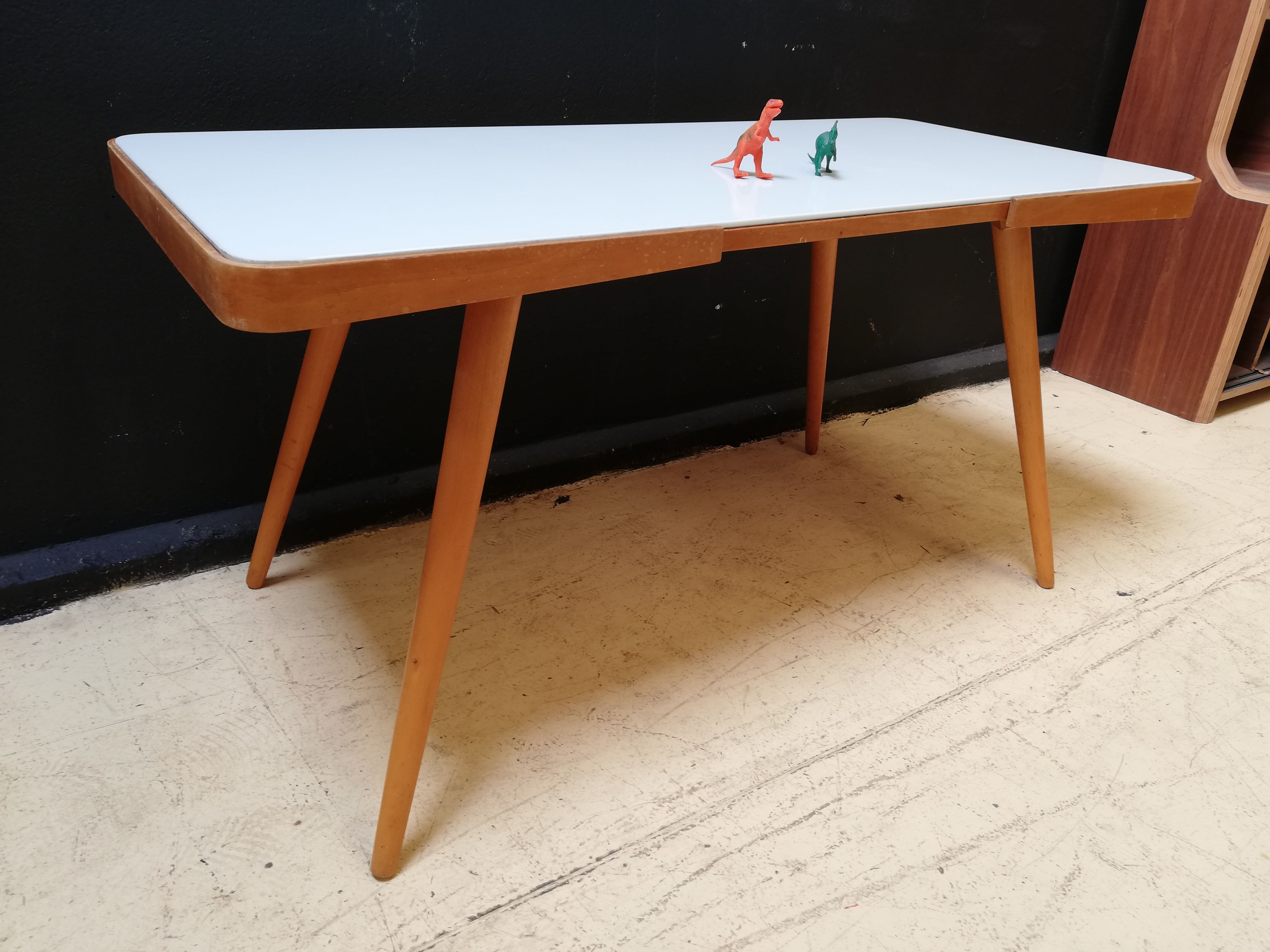 Wooden coffee table, children's desk glass top, interier praha, 1960, Czechoslovakia