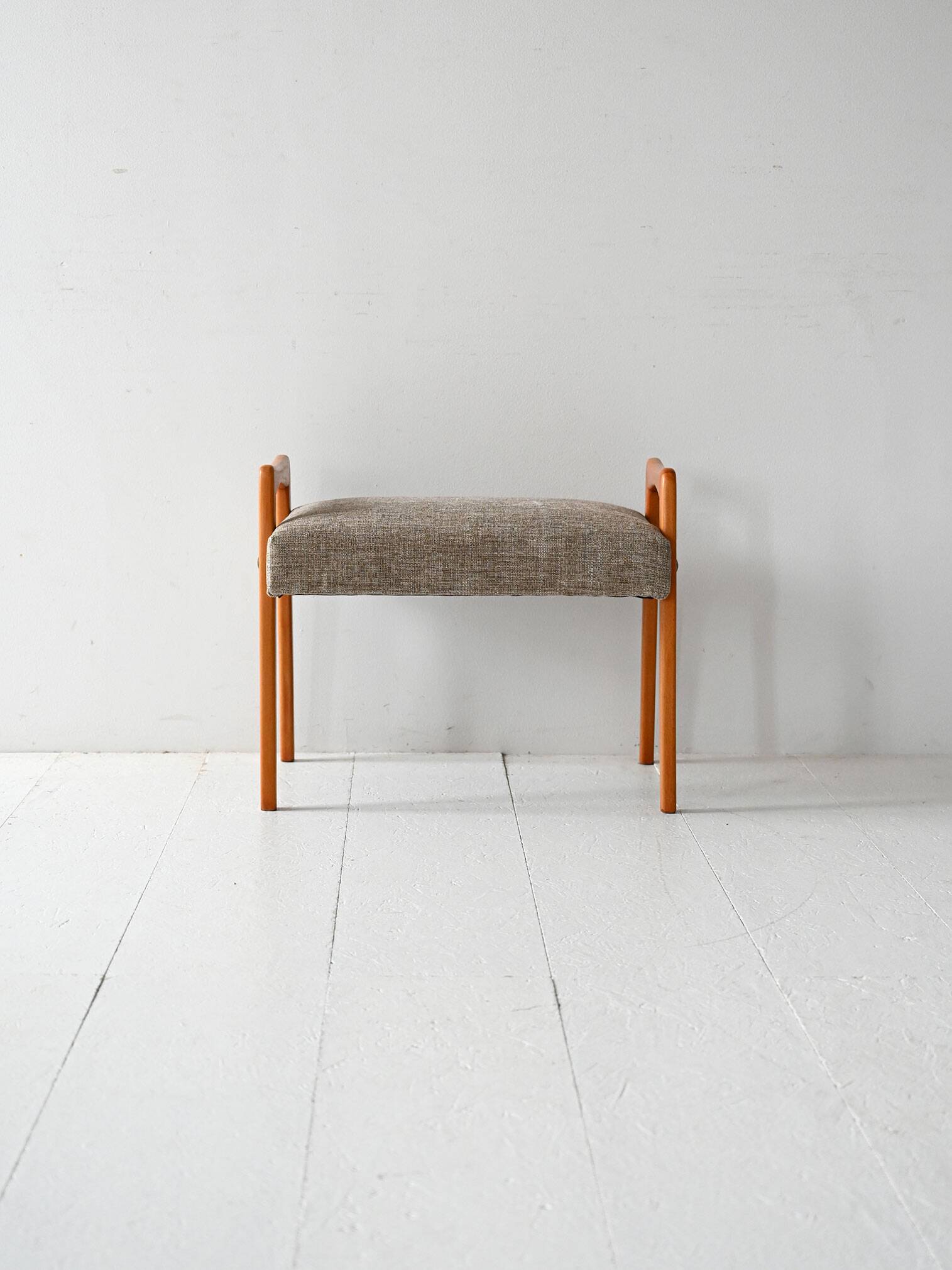 Vintage Scandinavian oak footstool with grey upholstery