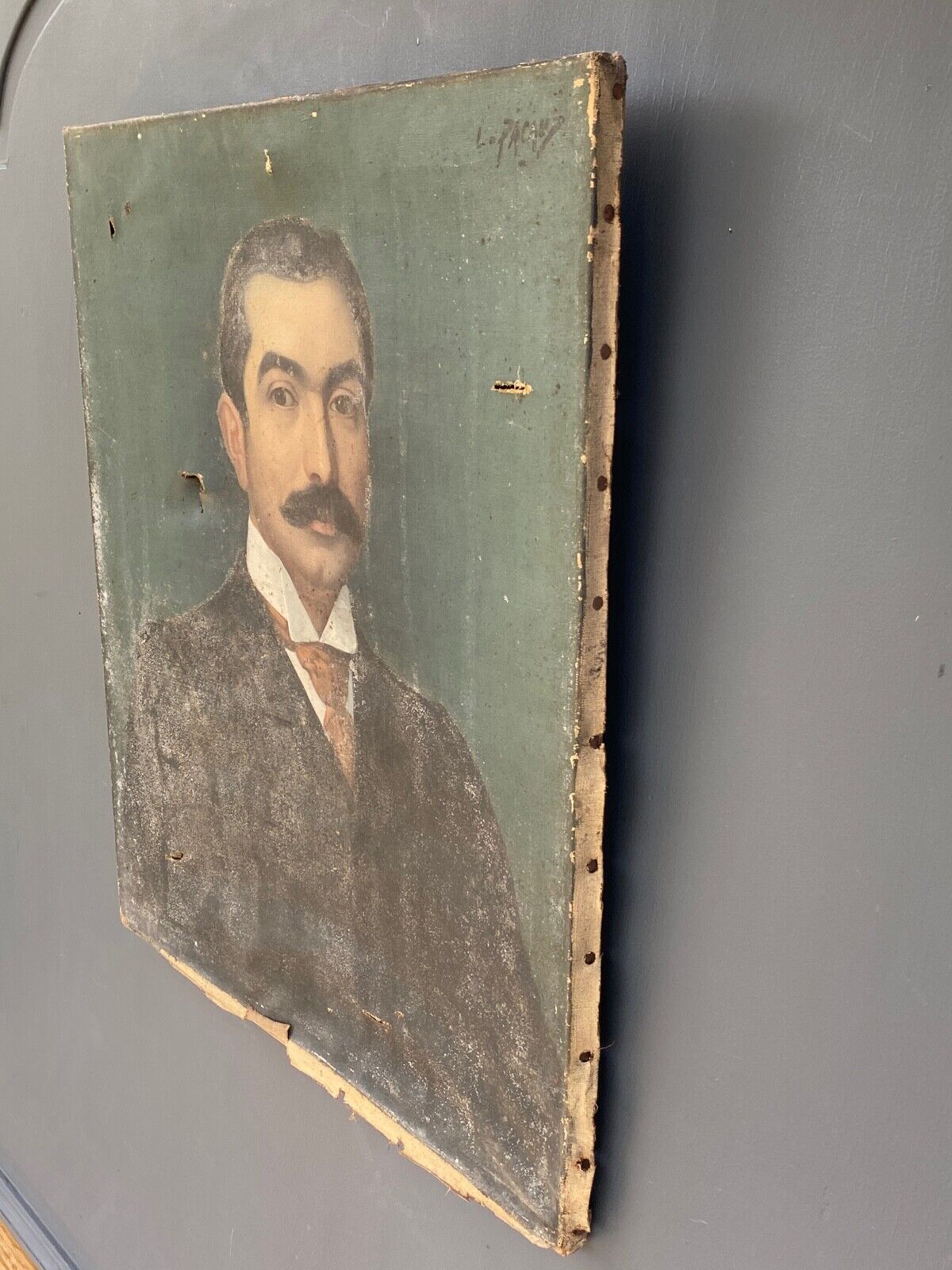 Huile sur toile par L Pacaud portrait homme a moustache 1900 XXeme