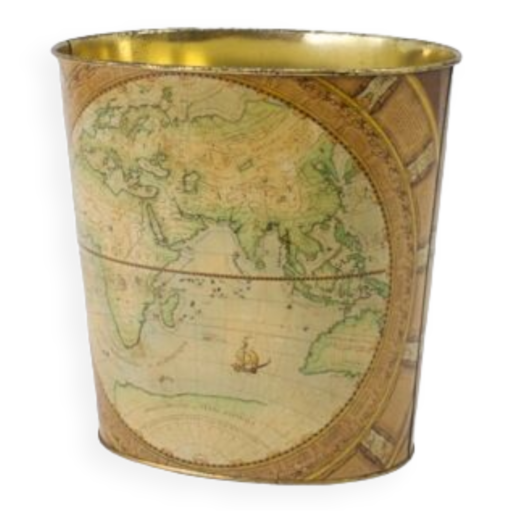 Wastepaper basket Massilly France vintage sheet metal decoration planisphere, 1960