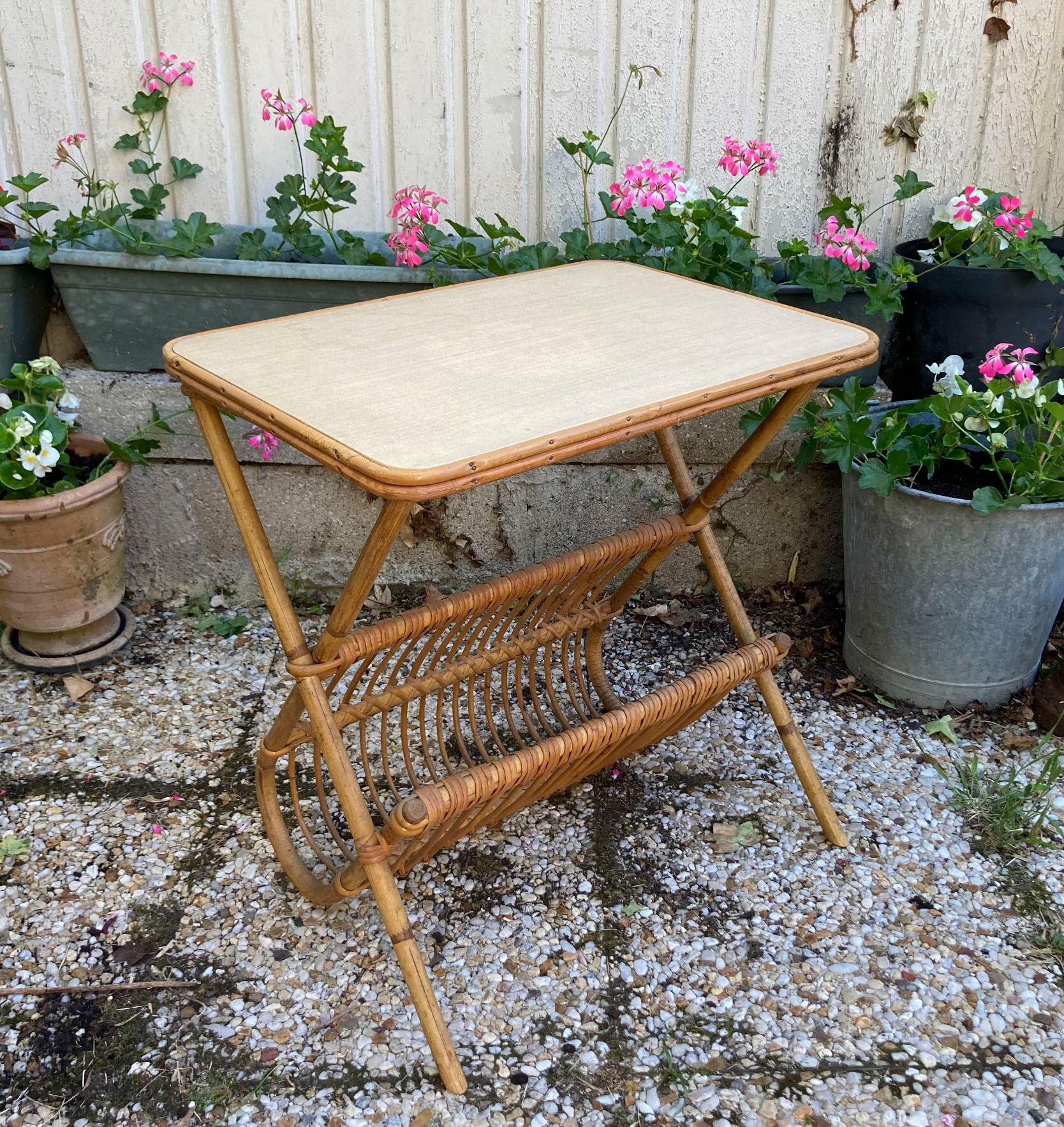 Vintage rattan magazine holder table