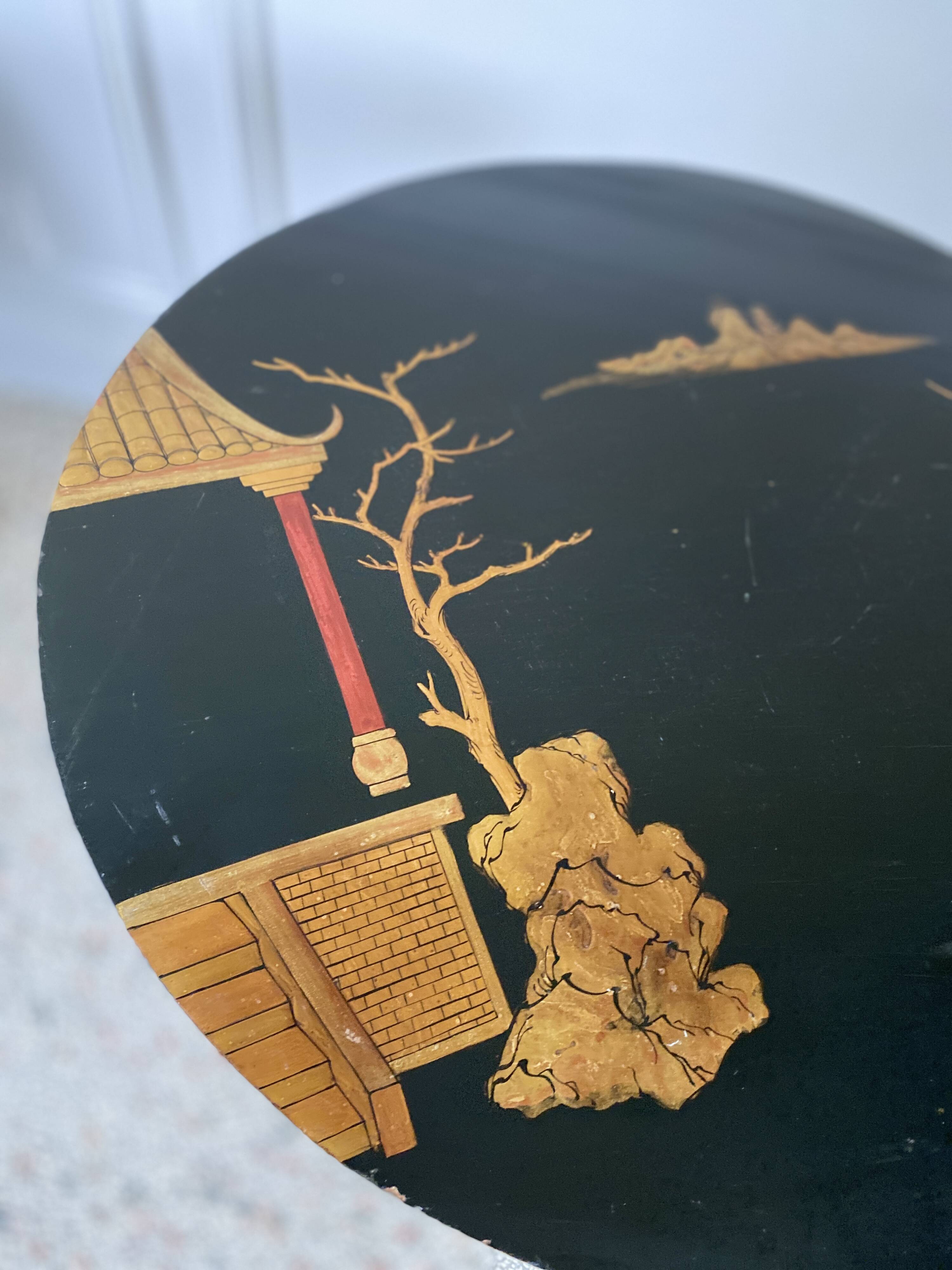 Side table, pedestal living room table, end table, round tray vintage Chinese decor