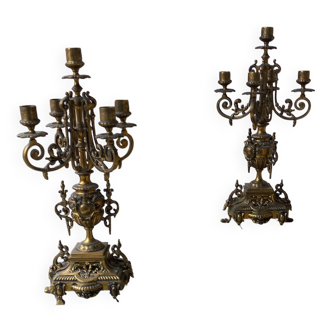 Pair of antique brass 5 candle candlesticks