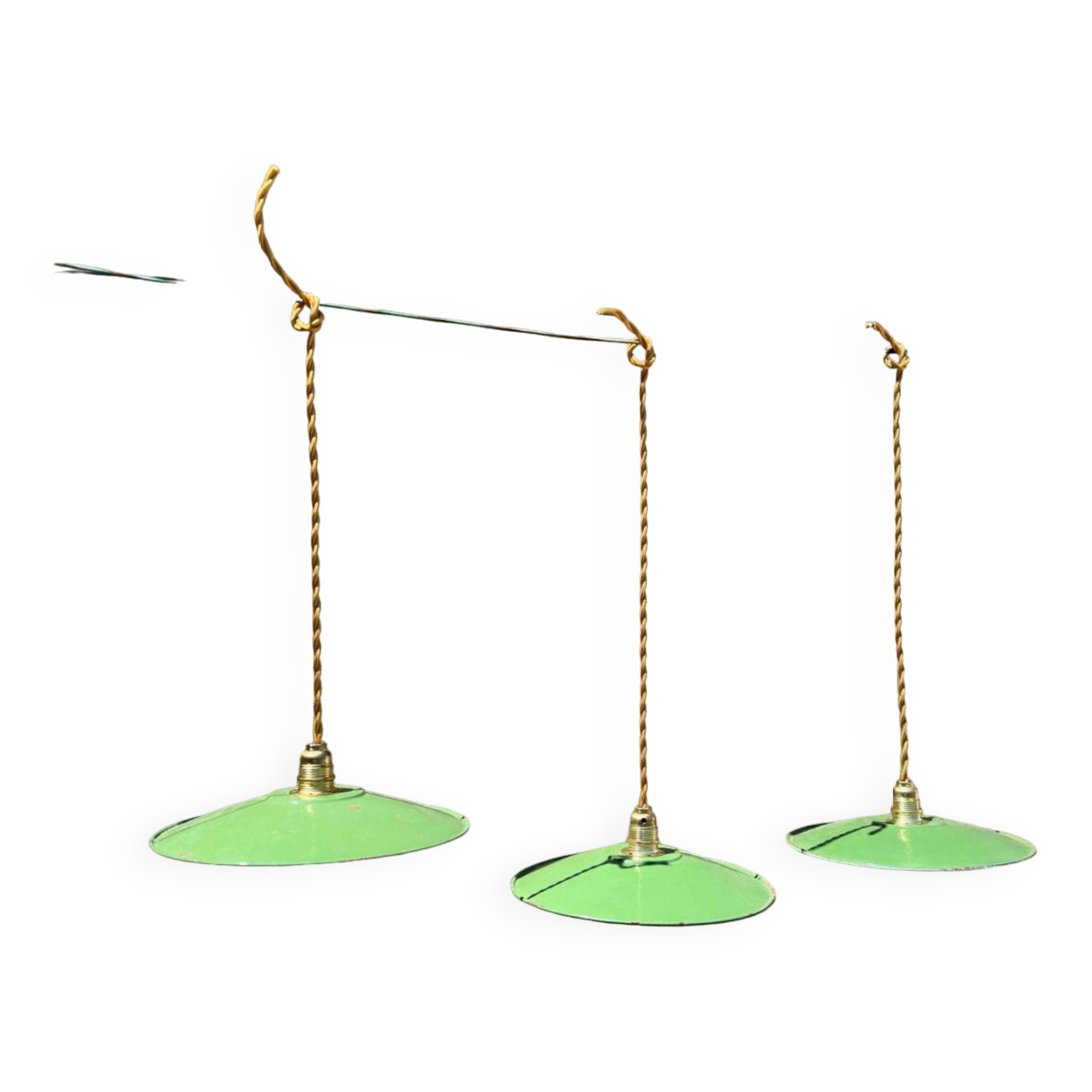 Lot of 3 vintage pendant lampshades in green and white enamelled sheet metal, industrial farm