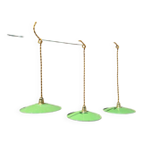 Lot of 3 vintage pendant lampshades in green and white enamelled sheet metal, industrial farm