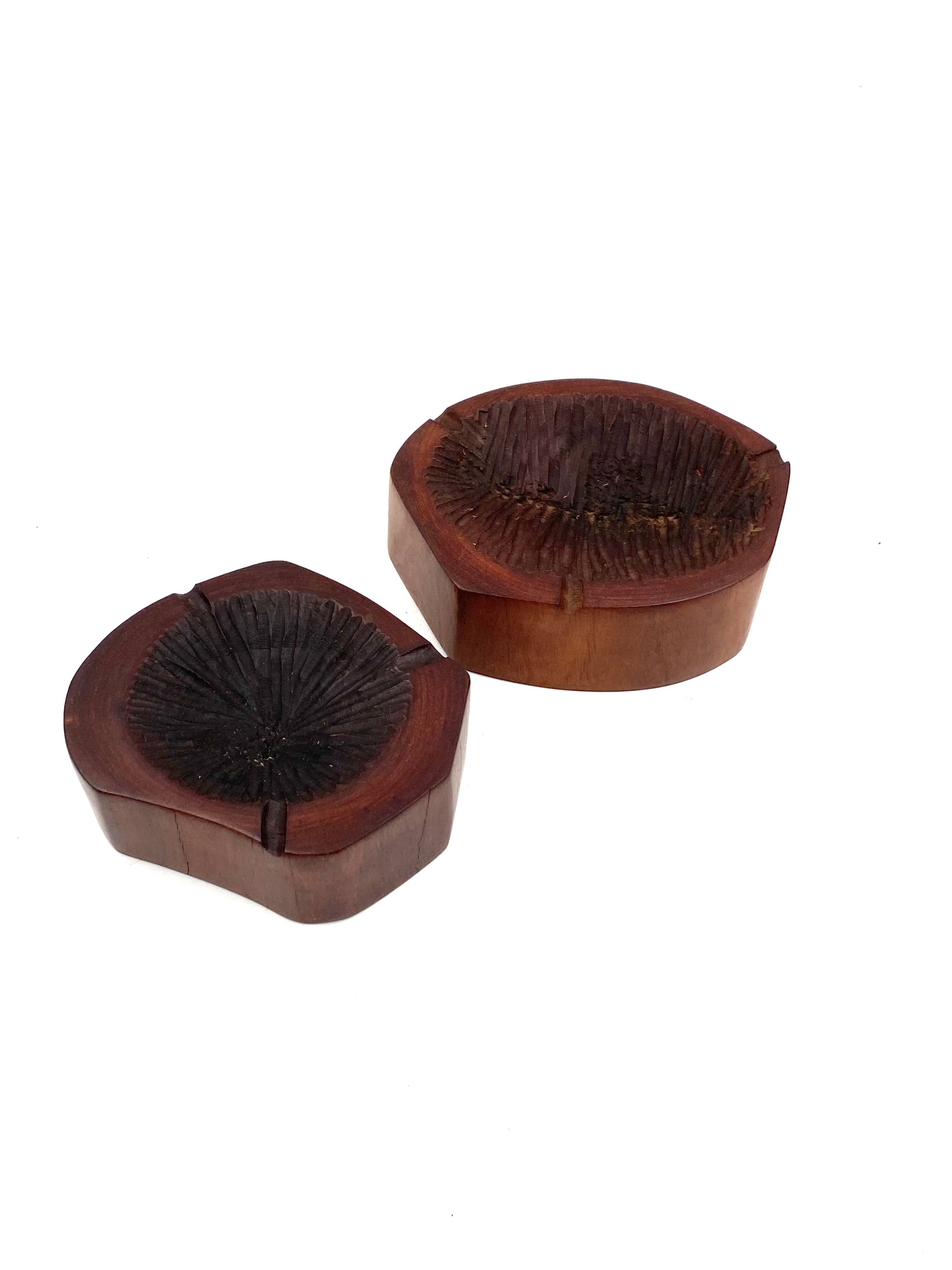 Organic modern set of 2 wood ashtrays, France 1970s