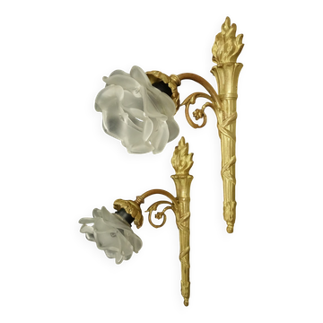 Pair of single-light wall sconces in the Louis XVI torch style - gilded bronze