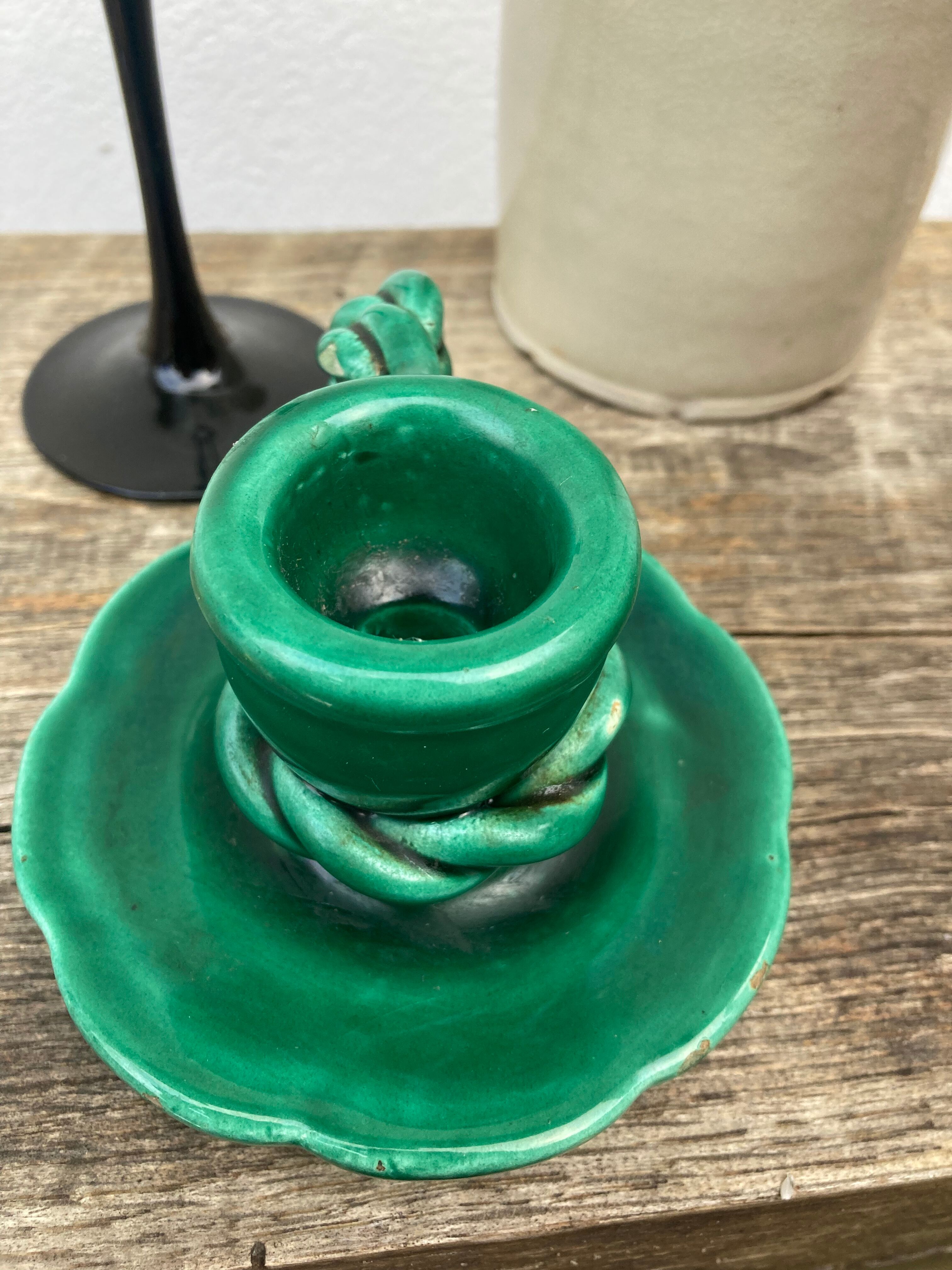 Vallauris candle holder in vintage green ceramic 1970