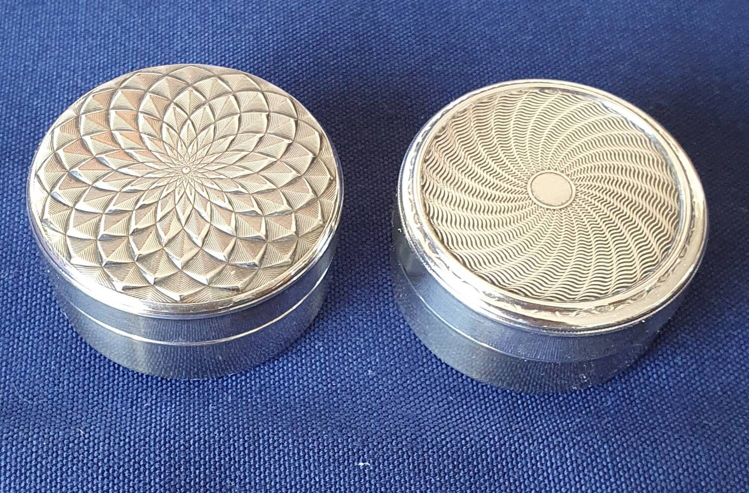 2 art deco style silver metal pill boxes