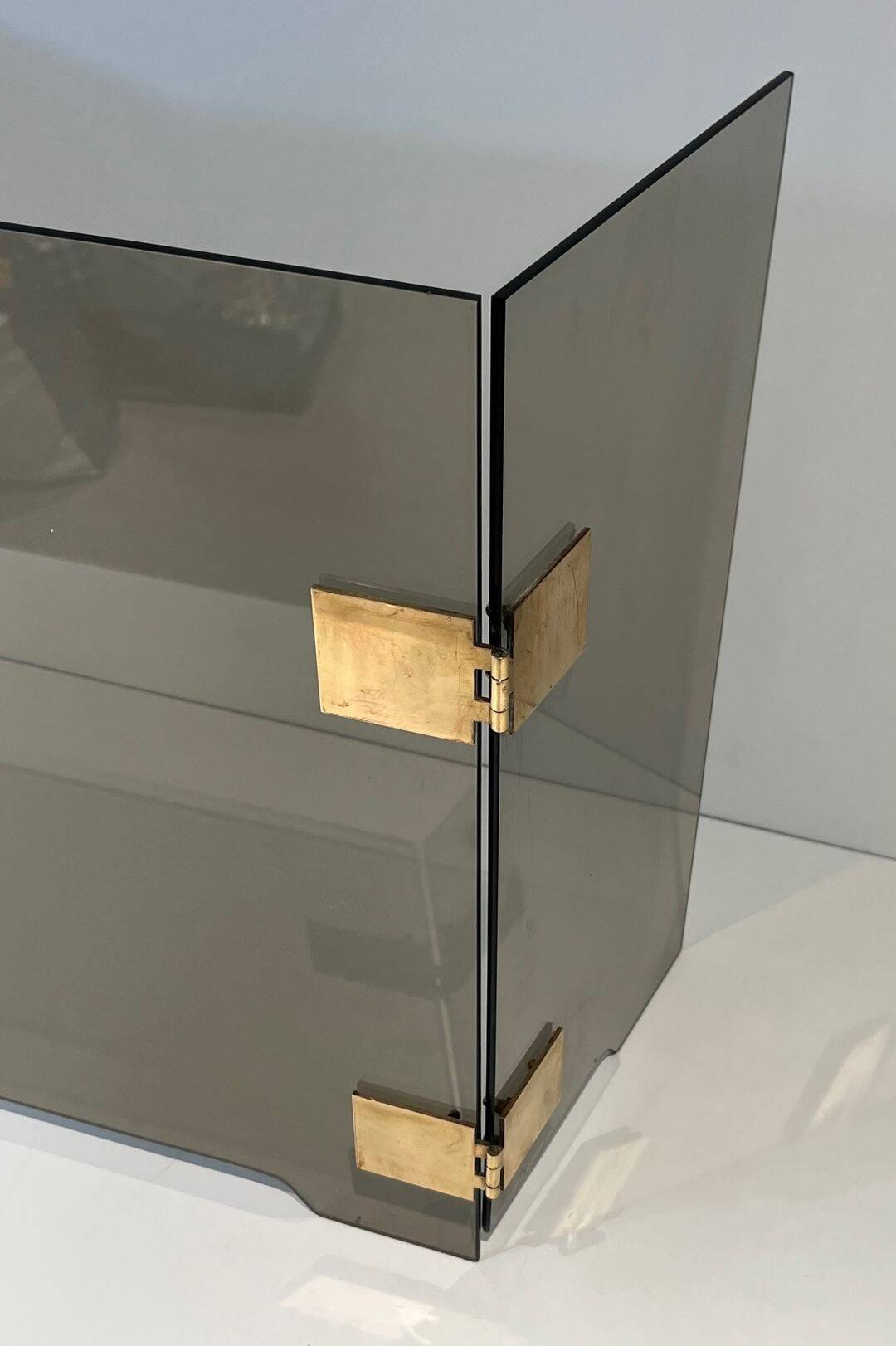 Three-Panel Folding Fire Screen in Smoked Glass with Polished Brass Hinges,