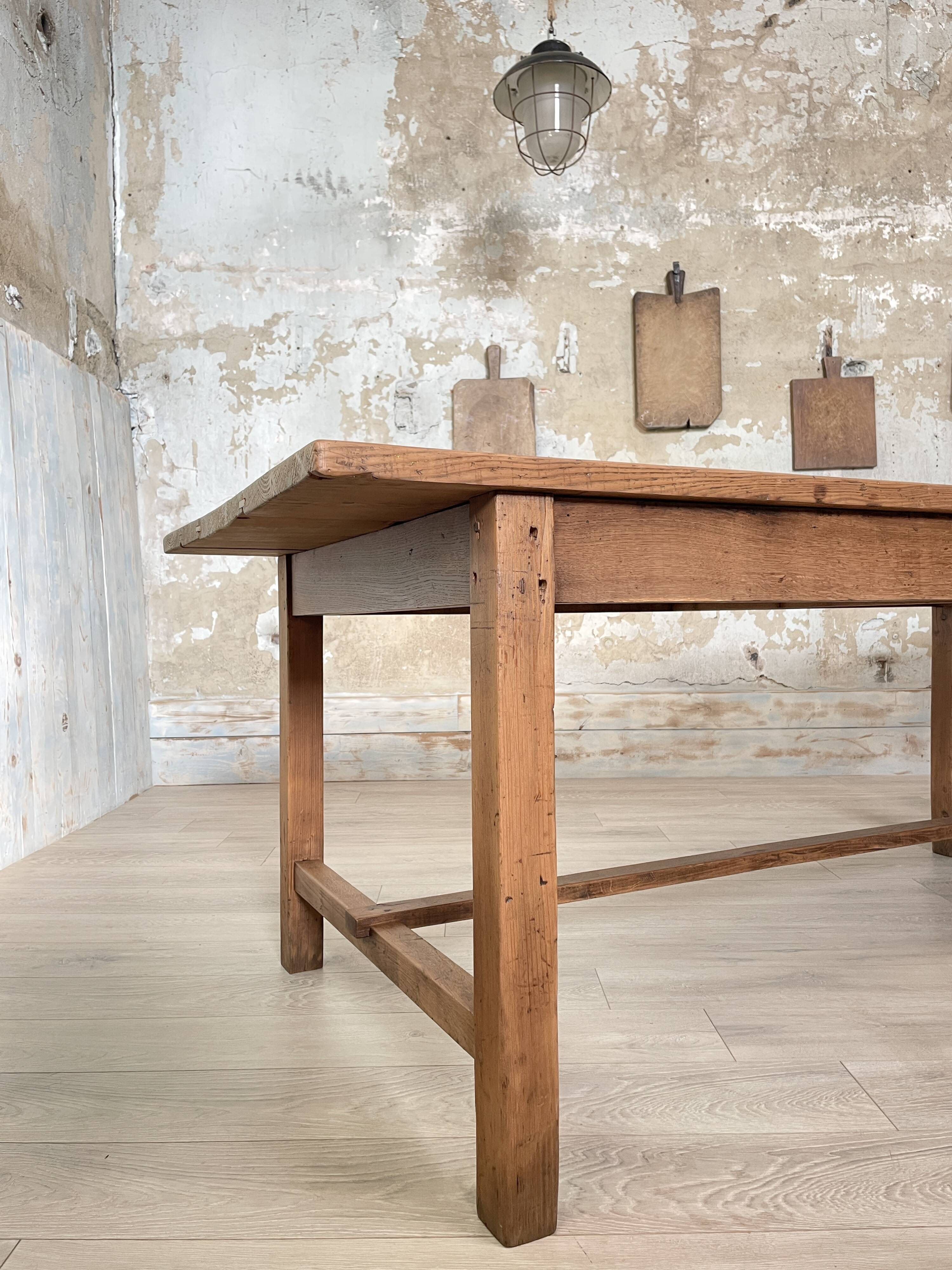 Solid wood workshop table with straight legs.