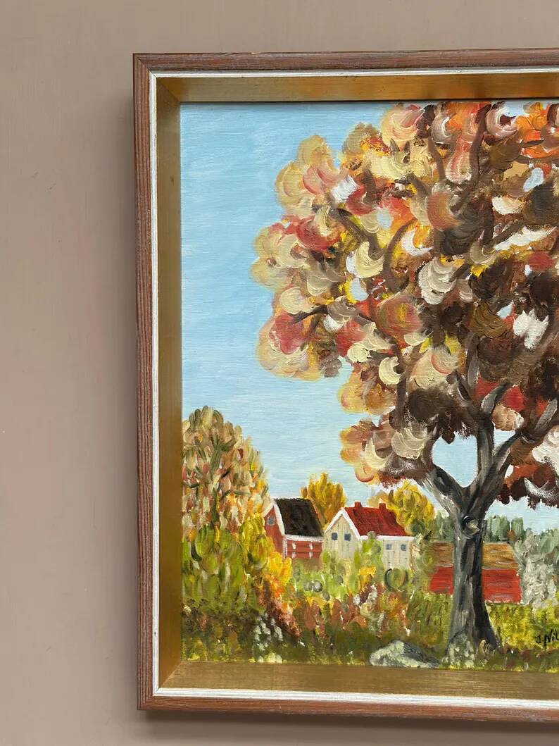 Original Swedish Oil on Canvas - "Autumn Tree" by J. Nilsson - Vintage and Framed - 49 × 38 cm