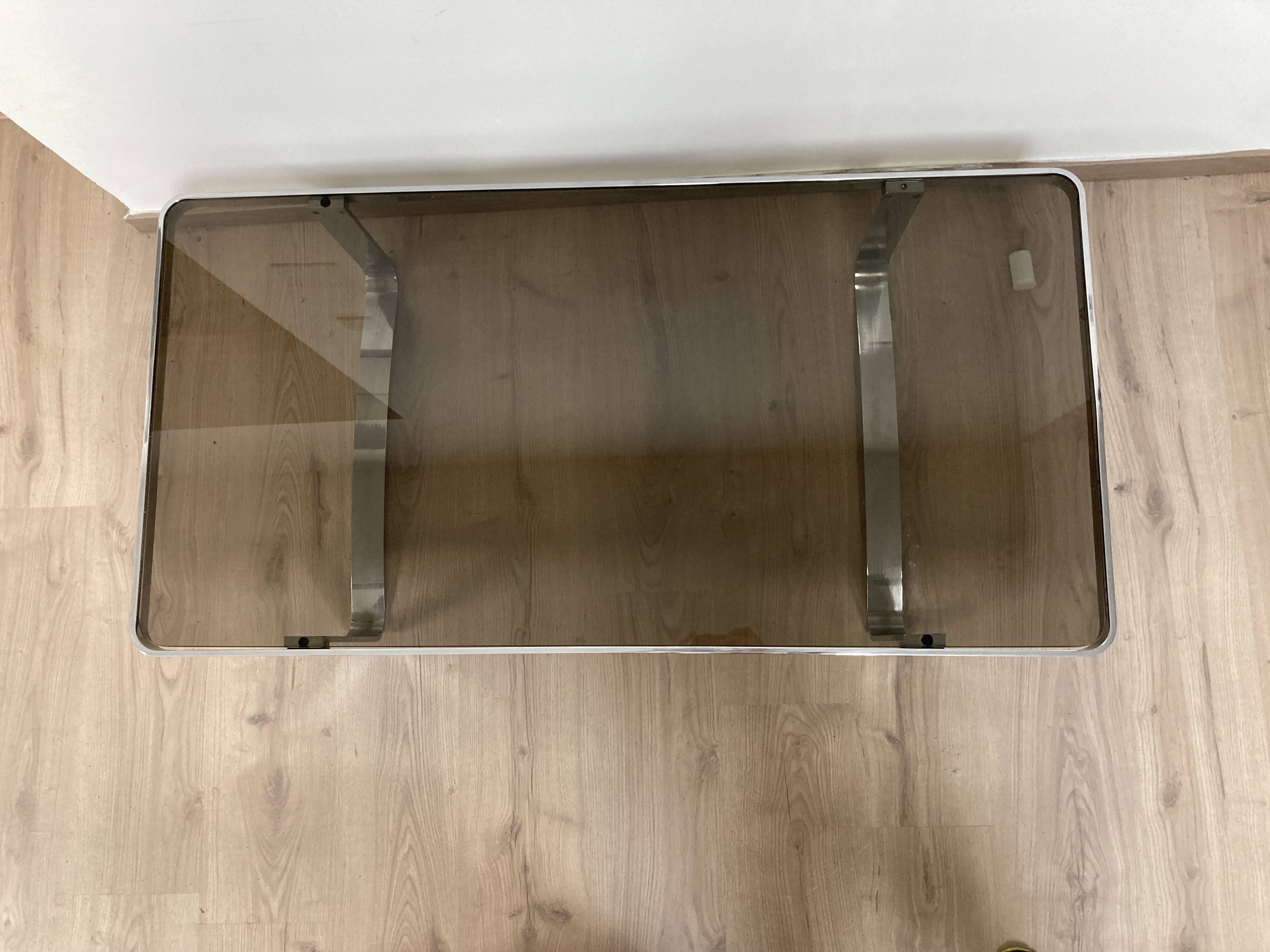 Coffee table design bronze chrome thick smoked glass circa 1970