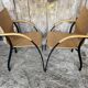 Pair of Vintage RONÉO Armchairs with Black Metal Legs + Curved Wooden Shell