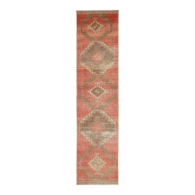 Vintage Turkish hand-knotted wool cotton red runner rug 85x386
