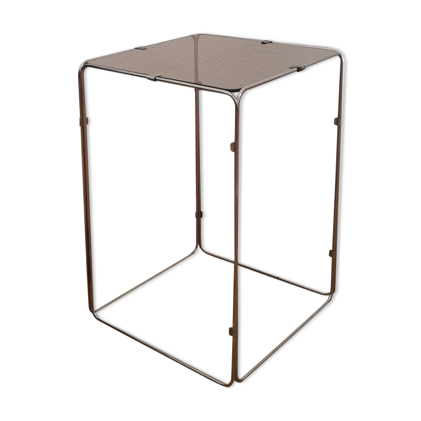 Table d'appoint bout de canapé métal chromé et verre fumé vintage