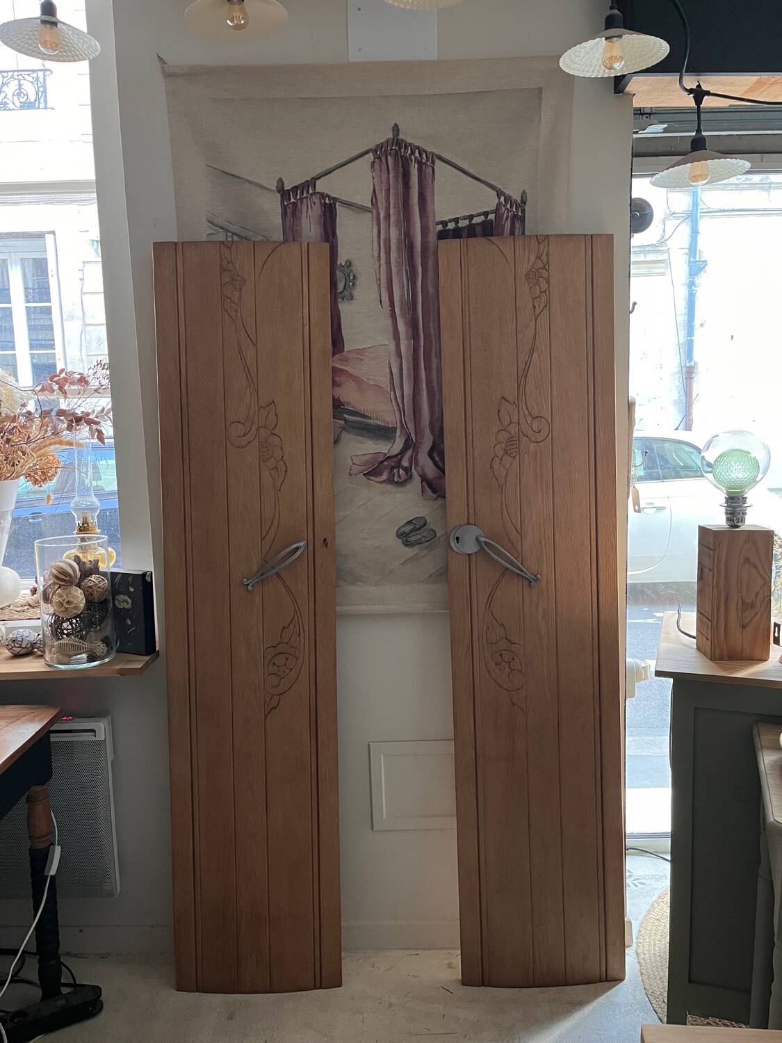 Vintage Art Deco duo of doors Rose and Daisy solid oak wood