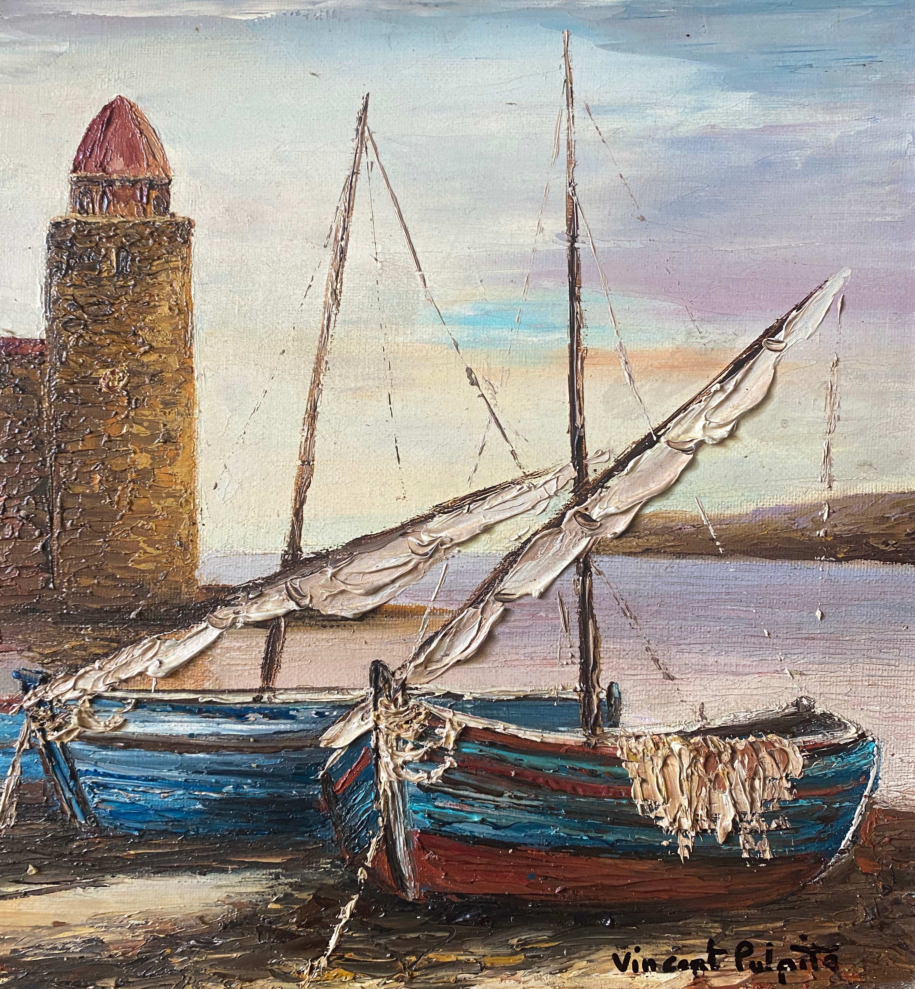 HST painting "Port de Collioure" by Vincent Pulpito + gallery stamp frame