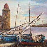 HST painting "Port de Collioure" by Vincent Pulpito + gallery stamp frame