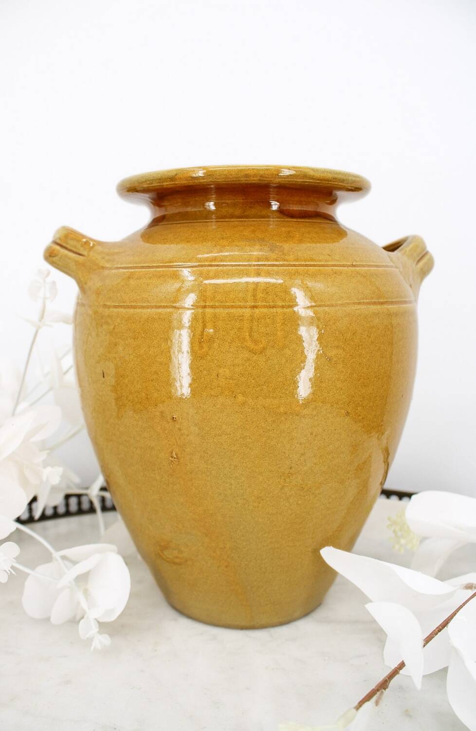 Large vintage yellow glazed terracotta jar vase