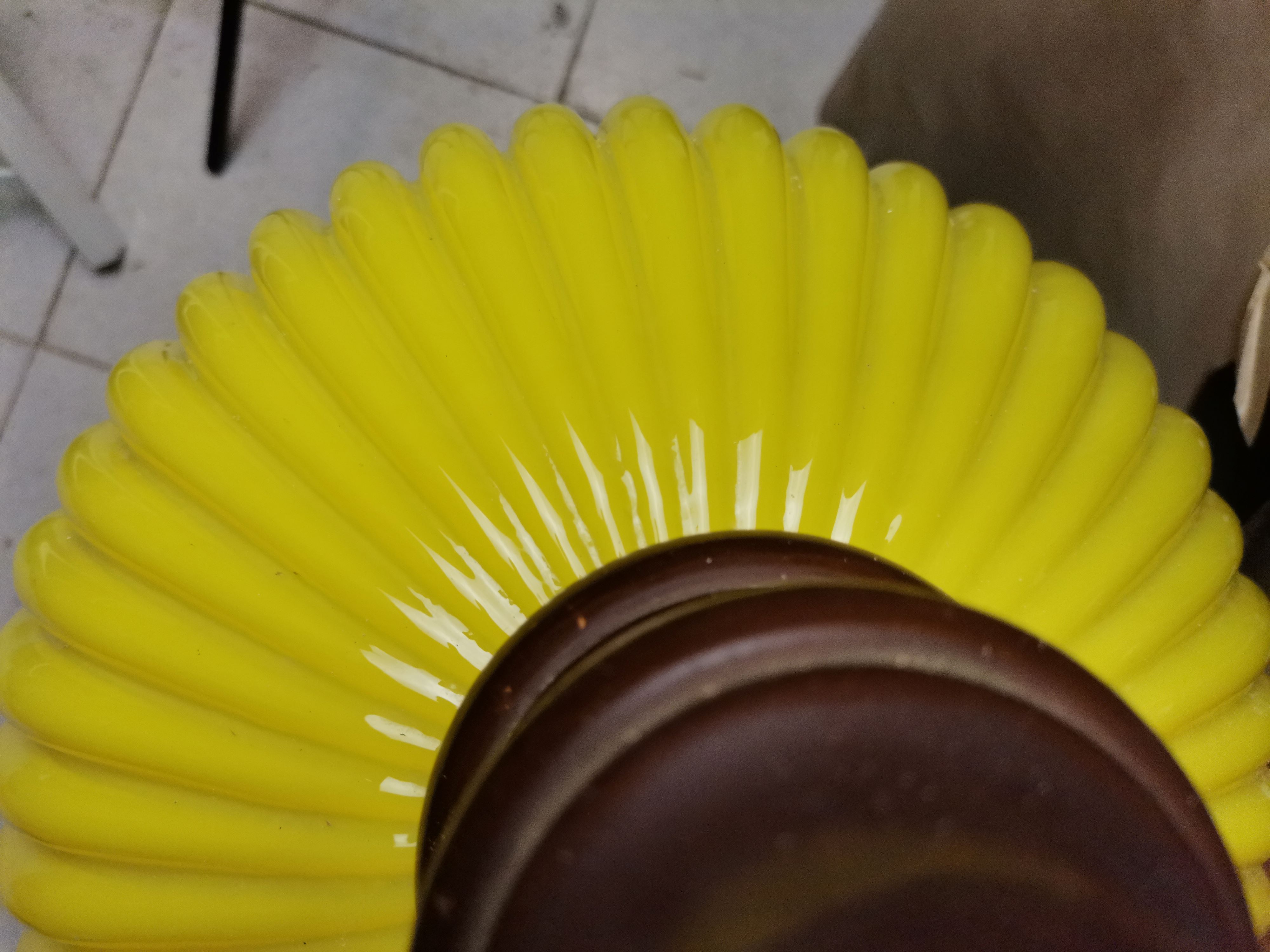 Yellow ribbed glass pull down hanging lamp 1970s