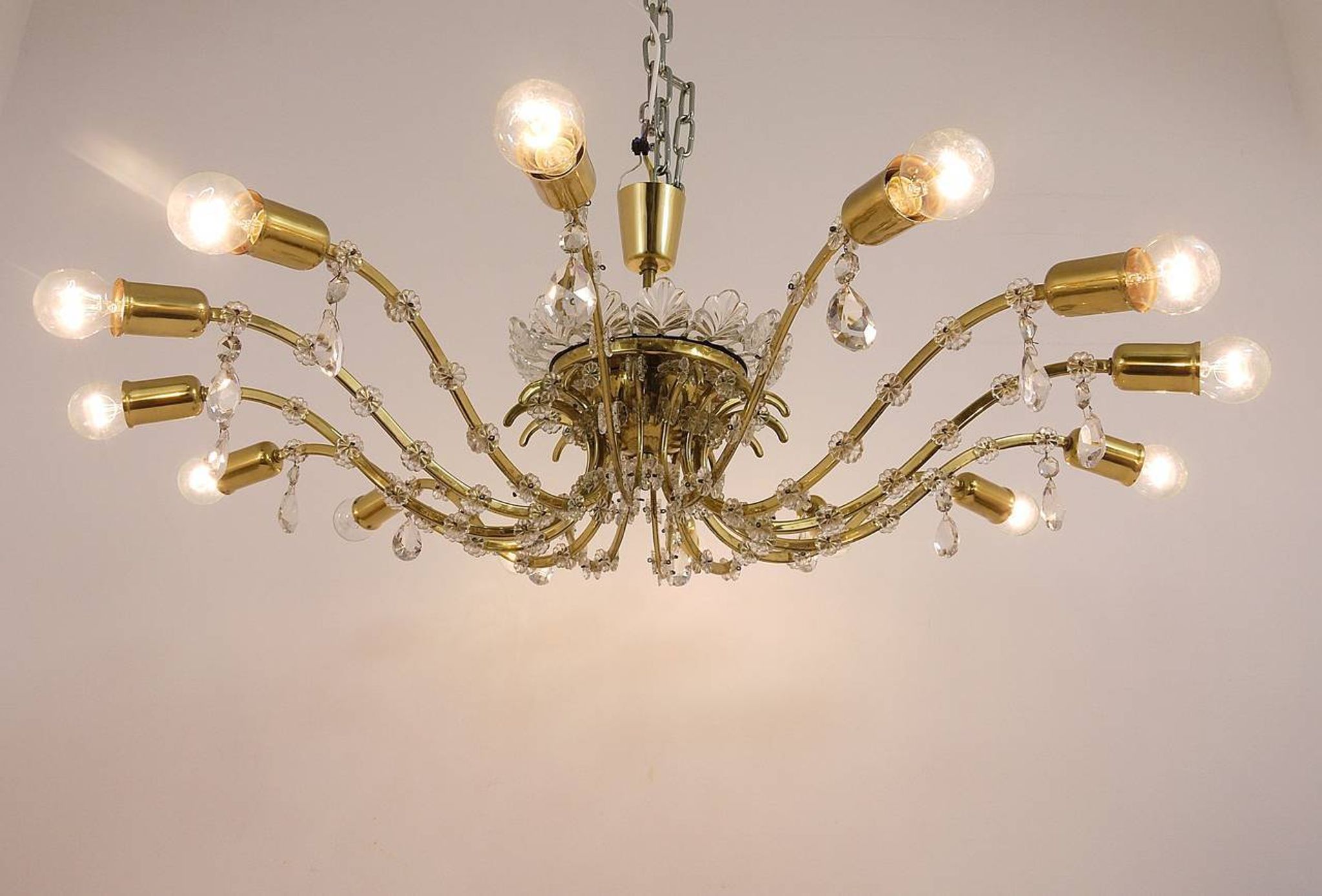 Mid-century floral brass and crystal chandelier by Lobmeyr, 1950s, Austria.