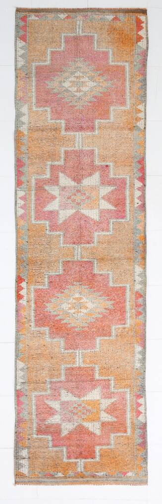 Tapis runner vintage, tons pastel délavés et motifs ethniques, 95x350Cm