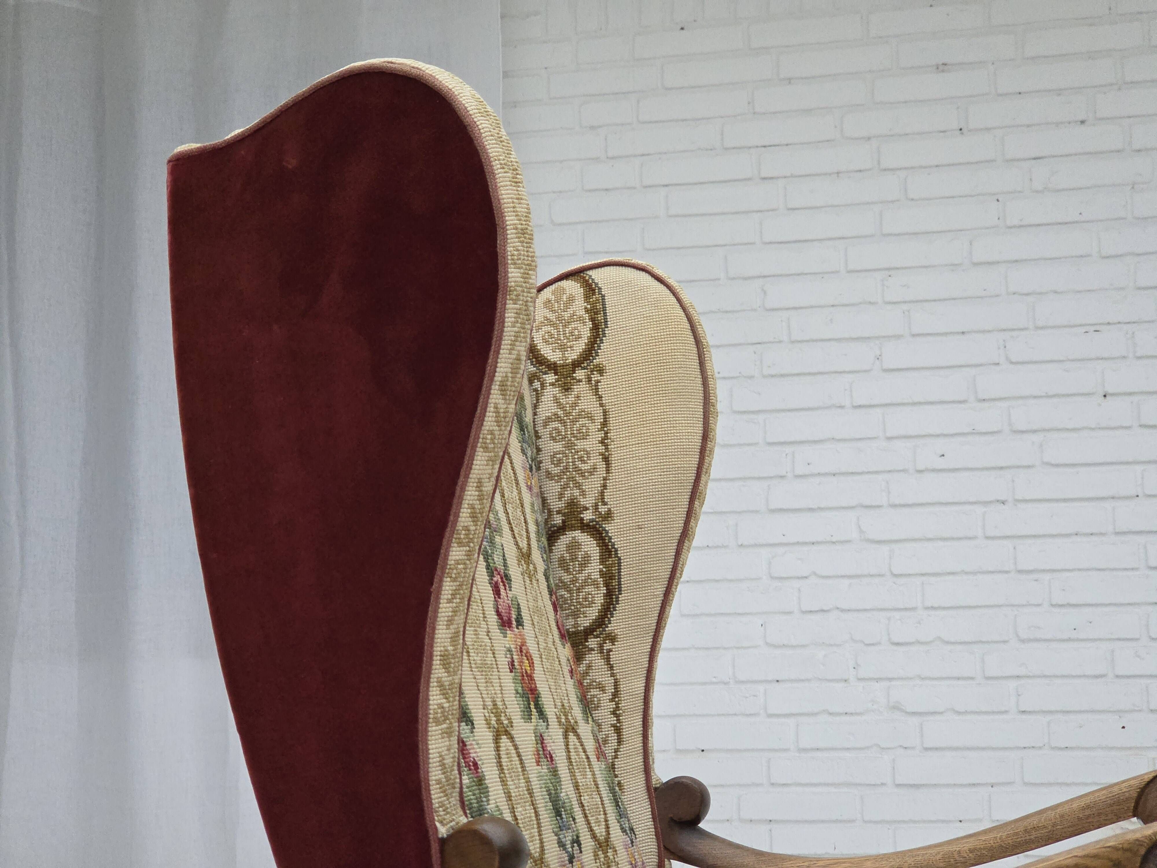 1950s, Danish wingback armchair, wool fabric, red furniture velour.