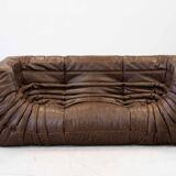 Vintage two-seater Togo sofa with arms in brown leather by Michel Ducaroy for Ligne Roset, 1970s