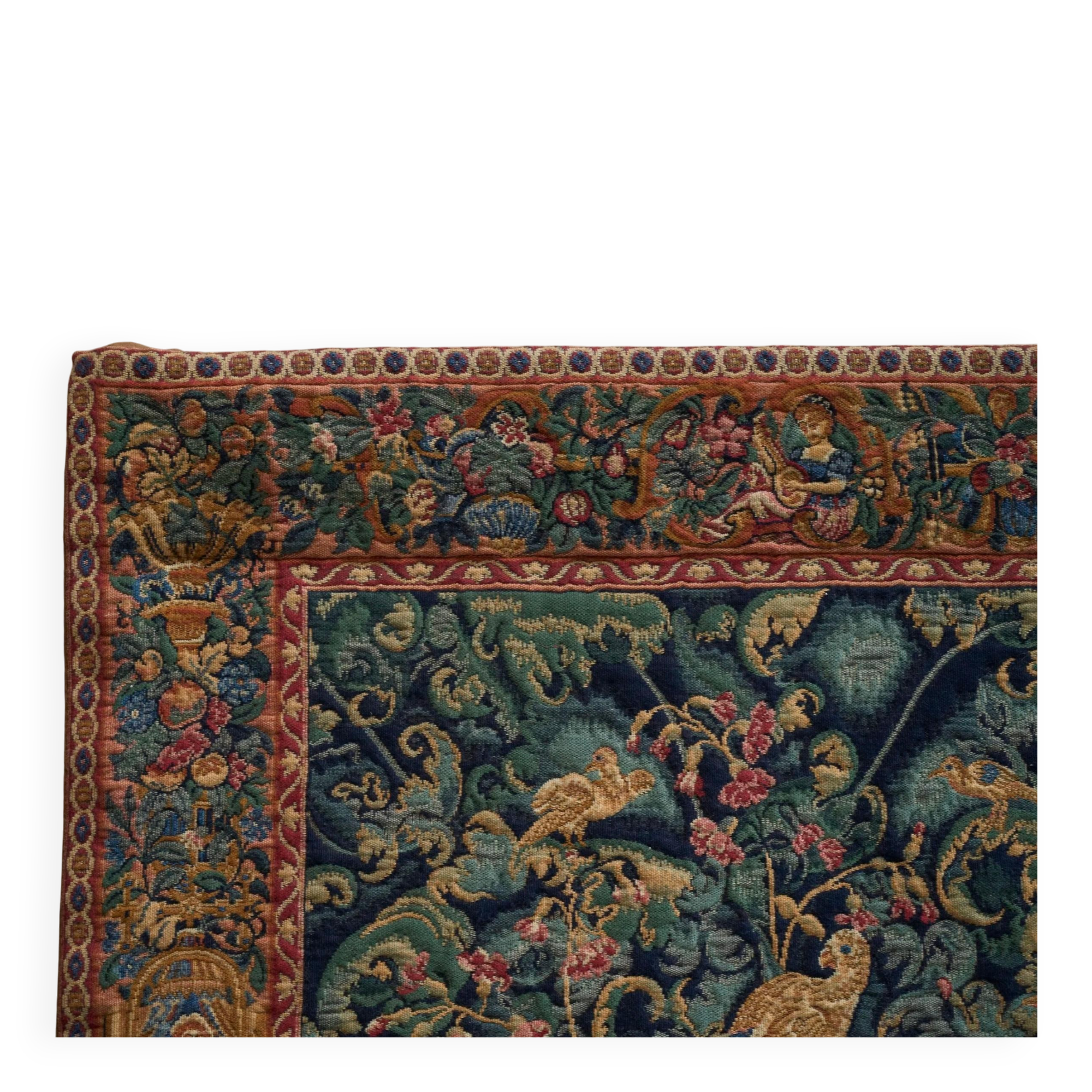 Mid Century wall tapestry with birds, animals, and leaves, Belgium 1960s.