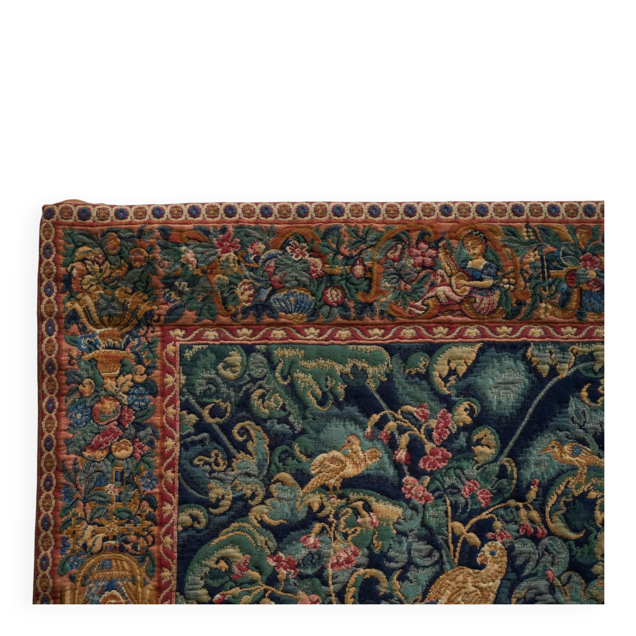 Mid Century wall tapestry with birds, animals, and leaves, Belgium 1960s.