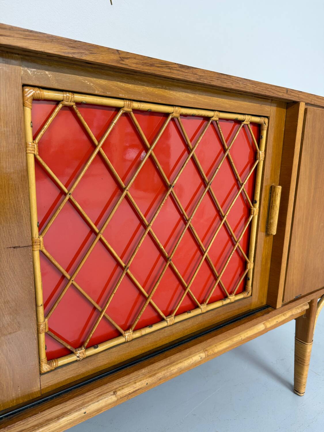 Antique French vintage 50s design wooden and rattan sideboard