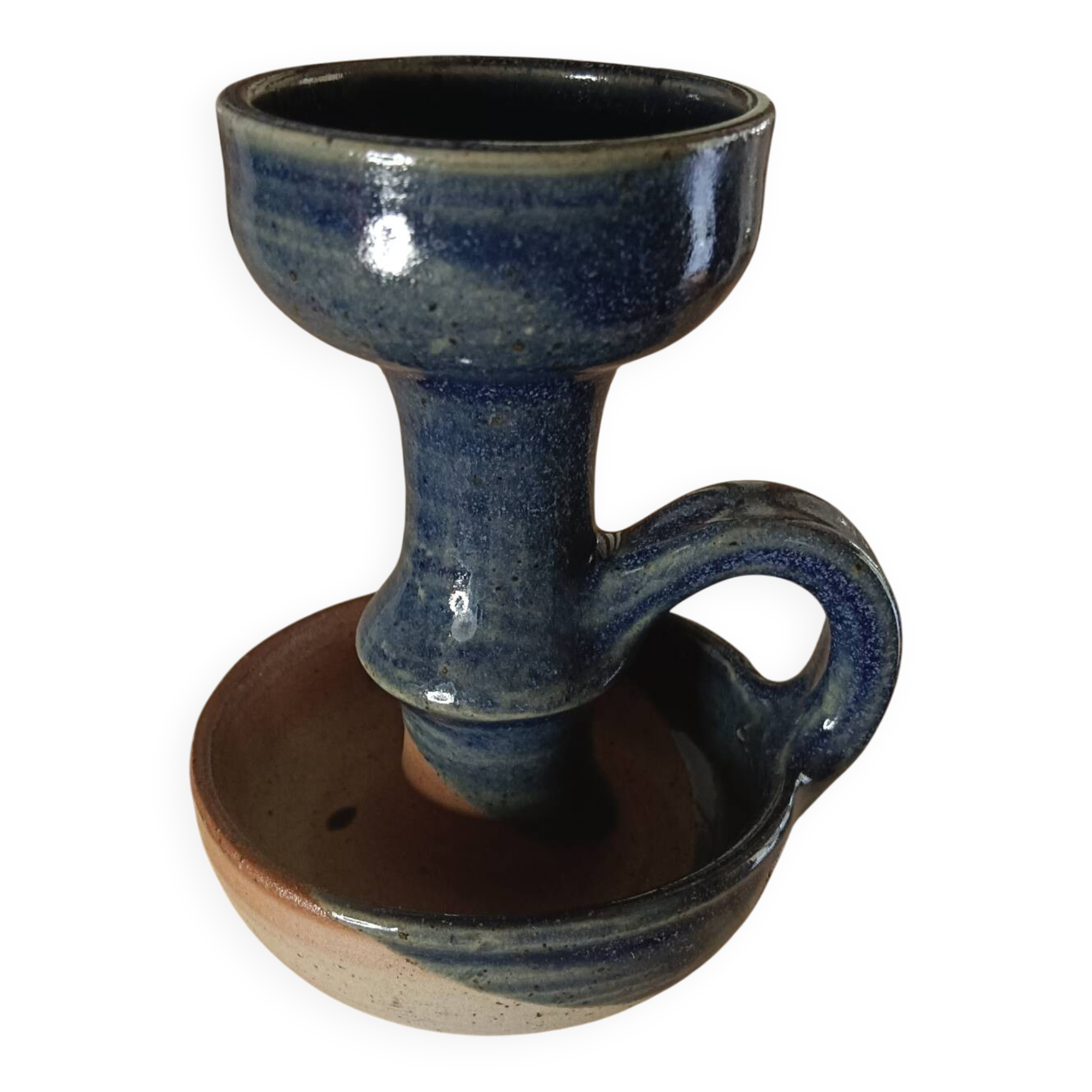 Bougeoir « Rat de Cave » en Grès Émaillé Bleu – Vintage Artisanal