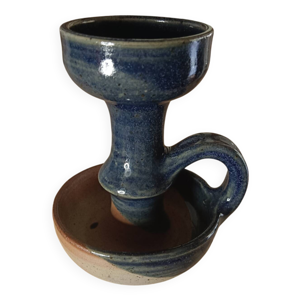 Bougeoir « Rat de Cave » en Grès Émaillé Bleu – Vintage Artisanal