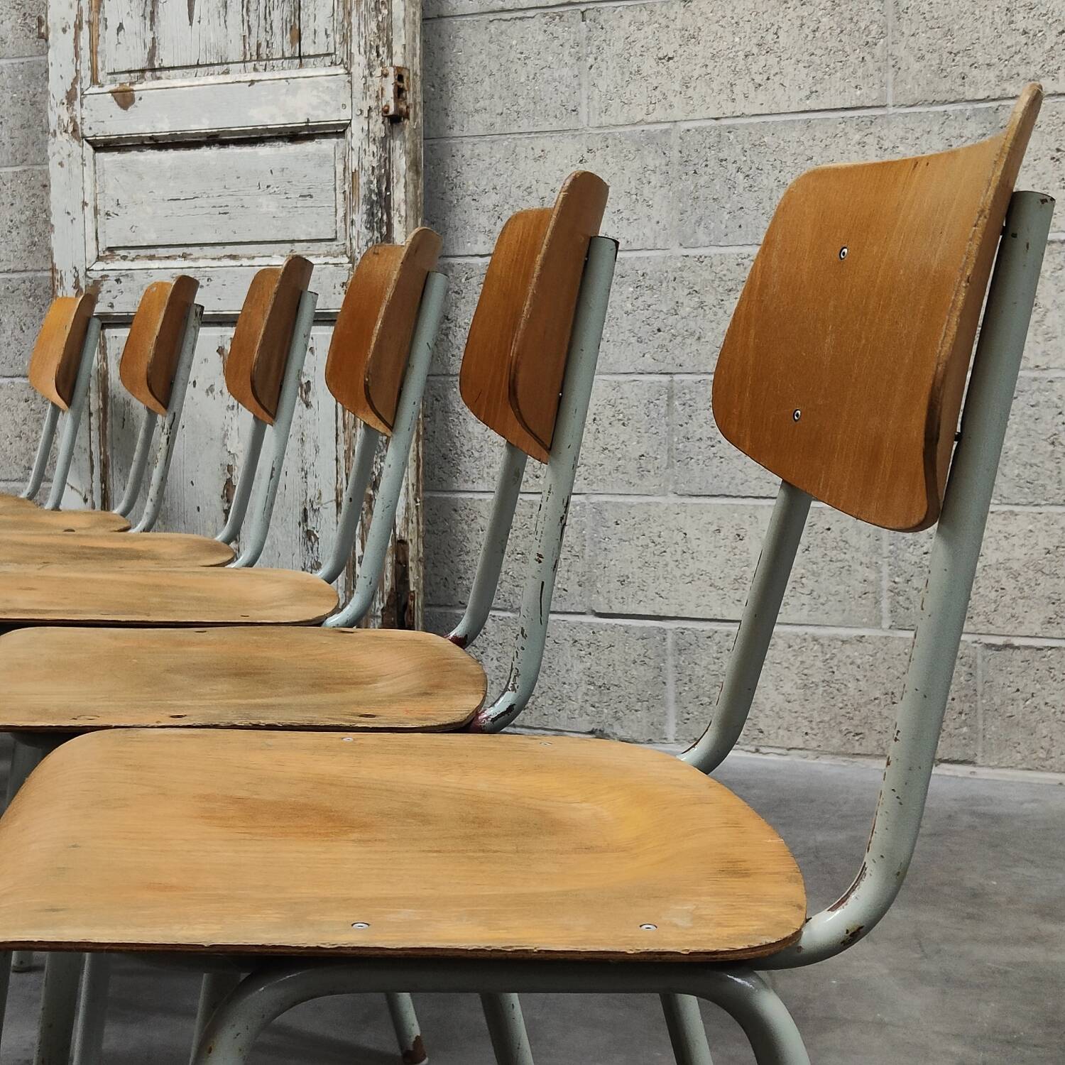 Set of 12 metal and wood school chairs Czechoslovakia Kovona