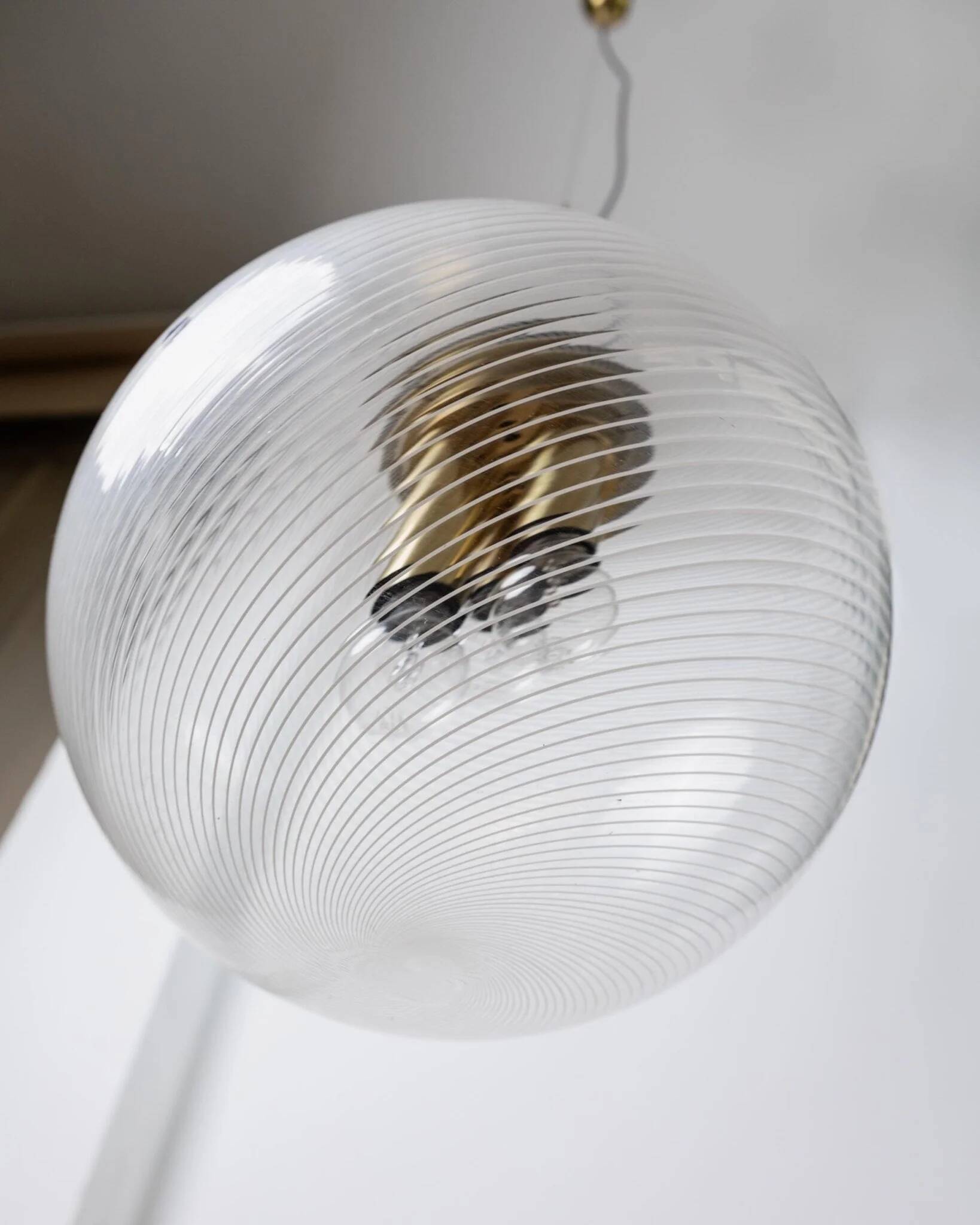 XXL Transparent Murano Glass Globe Lamp with Gold Metal Hardware, 3-Bulb Italian 1960s Vintage Pendant