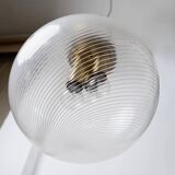 XXL Transparent Murano Glass Globe Lamp with Gold Metal Hardware, 3-Bulb Italian 1960s Vintage Pendant