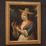 Italian Framework Portrait Of A Girl With A Goldfinch From 18th Century