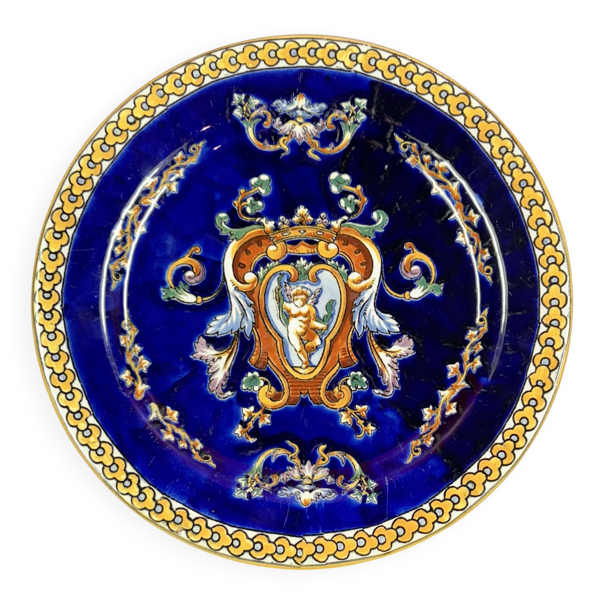 Antique Gien plate with Renaissance decoration, angel, putti... 25 cm
