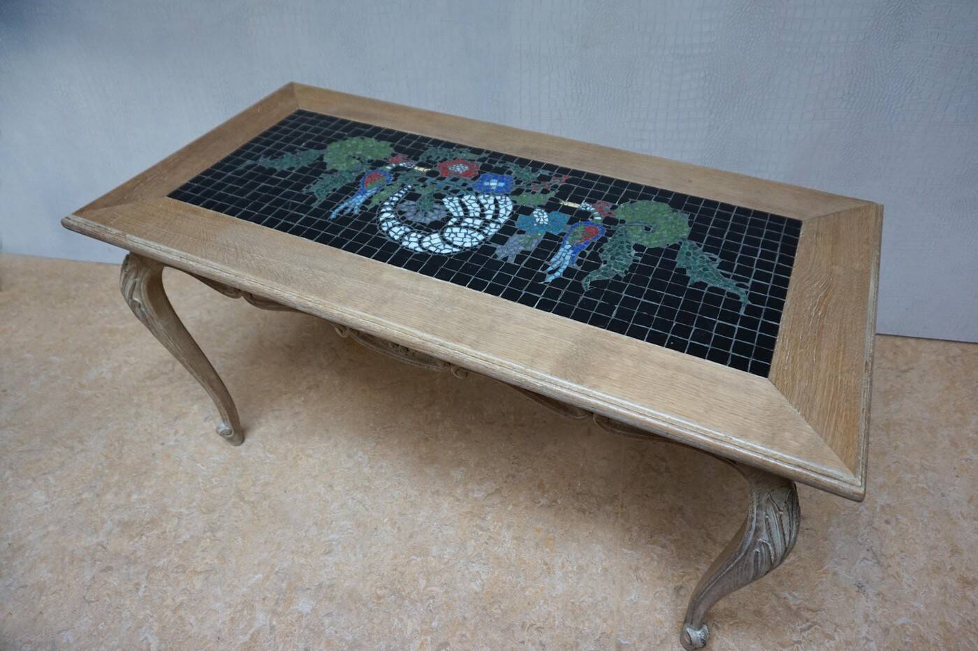 Vintage Oak &  Mosaic Coffee Table with Brids, Louis XV style 1970s