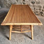 Vintage bamboo and rattan coffee table with magazine rack, French, circa 1960–1970.